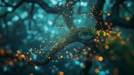 A digital illustration of a tree with branches seamlessly integrated into a complex cyber data network, symbolizing the fusion of nature and technology.