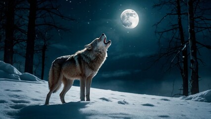Beautiful expressive portrait of a grey wolf howling at the full moon. Winter animal mammal caninae photography illustration. Canis lupus.