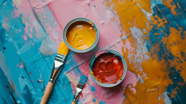 Aerial shot of CMYK paints and artistic brushes, your toolkit for a personalized home makeover, captured in 4k