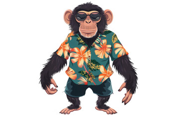 Fashionable monkey in a tropical print shirt and Bermuda shorts is ready to relax, isolated on white