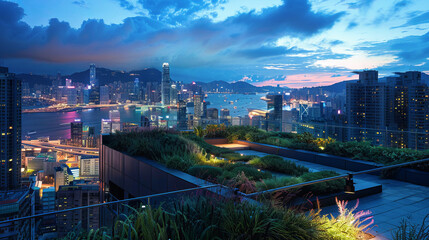 Fototapeta na wymiar Breathtaking Urban Oasis: Rooftop Garden Overlooking Dazzling Cityscape at Twilight