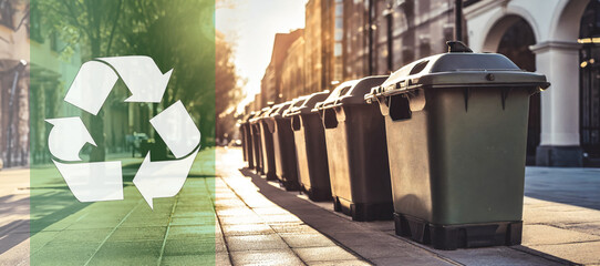 Recycling containers full of waste in a city street. Waste recycling, circular economy concept