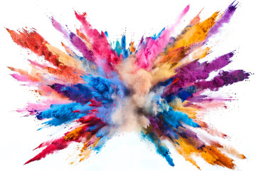 A burst of colorful powder exploding outward in a grand celebration, against a white background. - obrazy, fototapety, plakaty