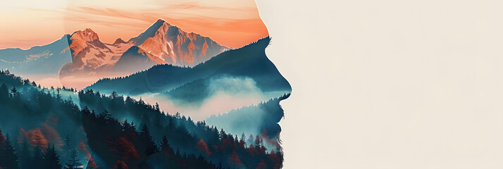 Double exposure combines a man's face, high mountains and forest. Panoramic view. The concept of the unity of nature and man. Dream, reminisce or plan a climb. Memory of a mountaineer. Illustration. - obrazy, fototapety, plakaty