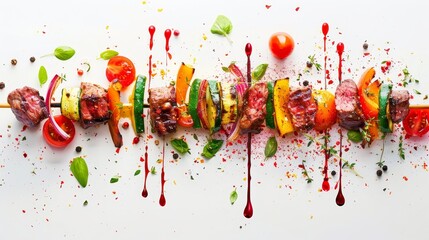 Floating feast of grilled steak pieces and veggies, magically aligning into a skewer over white canvas - obrazy, fototapety, plakaty