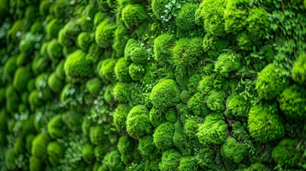Close-up surface of the wall covered with green moss. Modern eco friendly decor made of colored stabilized moss. - obrazy, fototapety, plakaty