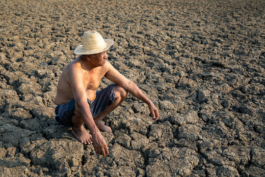 Elderly male farmer sitting on dry land looking hopelessly ahead. drought, global warming