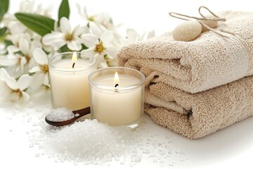 Feature bath salts, candles, and a plush towel for a spa-like, self-care atmosphere . photo on white isolated background