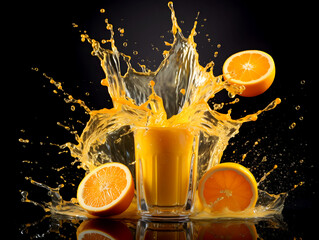 Dynamic splash of orange juice around glass with fresh oranges on reflective black surface - 781406814