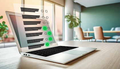 Laptop with exam on virtual screen. Answer a survey filling out a tech form. Quiz, test concept