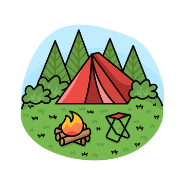 recommend clip art: Summer outdoor recreation in the forest. Tent with a campfire and a chair on the grass in an outline style isolated illustration on a white background.