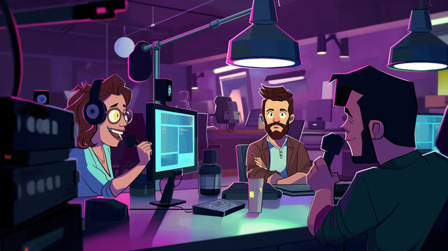 Animated Podcast Recording Session in Studio. Generative AI