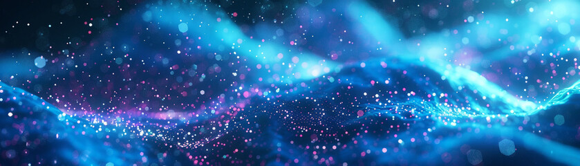 Obraz premium Abstract digital particles wave, vibrant blue and pink on black background.