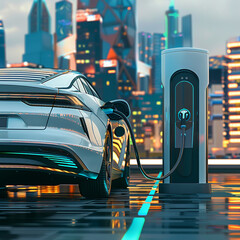 Electric car charging at a station with futuristic city skyline at dusk.