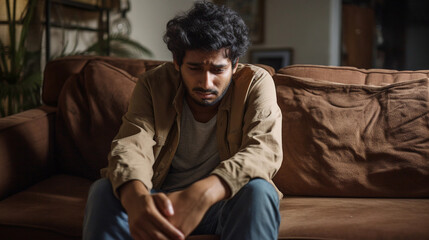 Fototapeta premium Hopeless man alone sitting on the sofa, helpless man alone in the home 