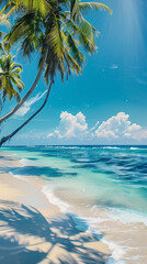Tropical beach scene with lush palm trees and turquoise waters.