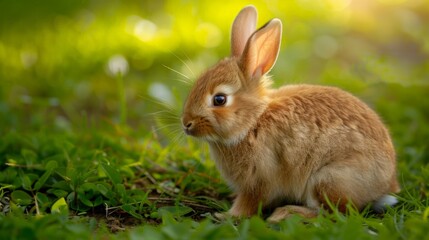 Naklejka na ściany i meble A small bunny on the grass under a bright light