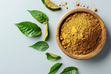 Top view of a bowl of henna powder good for human healthcare on white backdrop with a big space for text or product, Generative AI.