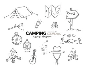Camping hand drawn elements outline icon vector design style set of tent, map, bonfire, torch, oil lamp, hat, compass, guitar.