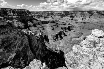 Panoramic view of Grand Canyon scenery from a viewing platform on the south rim near National Park...