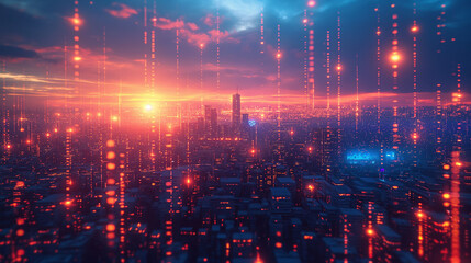 Fototapeta premium Smart city and digital transformation. Cityscape, telecommunication and communication network concept. Big data connection technology. De-focused background.