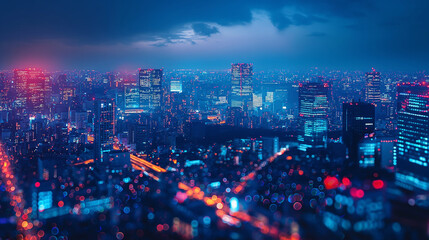 Fototapeta premium Smart city and digital transformation. Cityscape, telecommunication and communication network concept. Big data connection technology. De-focused background.