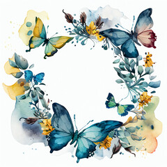 Round flower wreath with butterflies watercolor illustration, floral spring natural frame for wedding invitation design, summer decoration with flowers and leaves art
