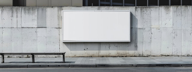 A white billboard sits on a concrete wall with a bench underneath it by AI generated image