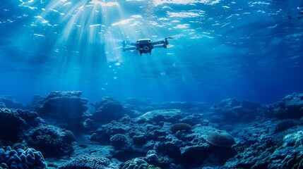 Underwater ROV Exploring Coral Reefs During Daytime - obrazy, fototapety, plakaty