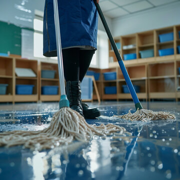 Janitor mopping the floor of a classroom with scattered chairs and tables.