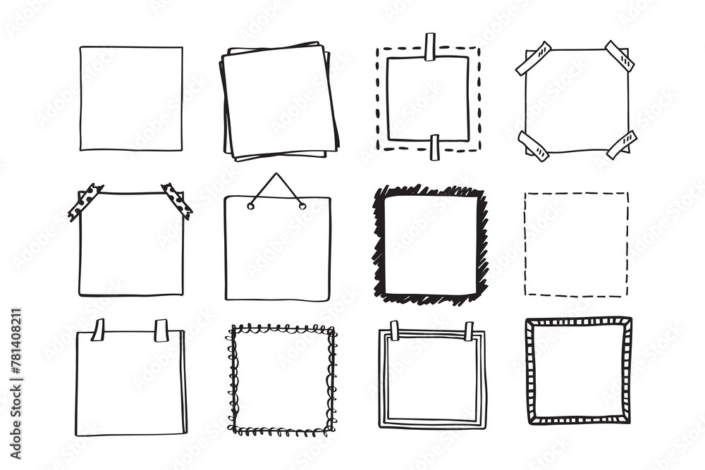 Poster handdrawn set of square scribbles frame. doodle line empty frames