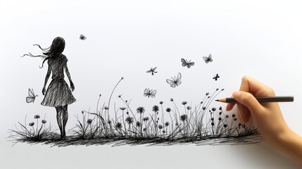 Contour drawing of a woman walking among dandelions and butterflies with the hand of artist - obrazy, fototapety, plakaty