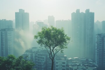 Demonstrating impact of tree-planting campaigns in urban areas on PM 2.5 levels, Solitary tree stands before city shrouded in mist, buildings loom, nature juxtaposed against urban development,