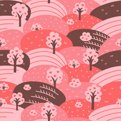 Beautiful pink spring landscape with trees and hills seamless pattern.