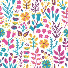 Decorative floral seamless pattern. Colorful flat flowers in contemporary style on a white background.