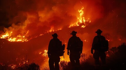 Fototapeta premium Firefighters Confronting Wildfire at Night