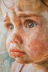 A portrait of a baby with tears streaming down. The eyes are red and the nose is runny. The baby is sad and uncomfortable.