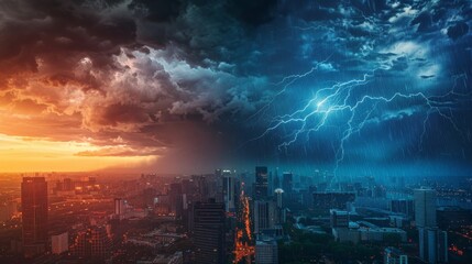 Stormy Skyline With Intense Lightning - obrazy, fototapety, plakaty