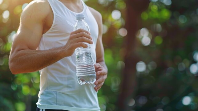 Man wearing white fitness sleeveless shirt holding plastic water bottle on blurred green AI generated