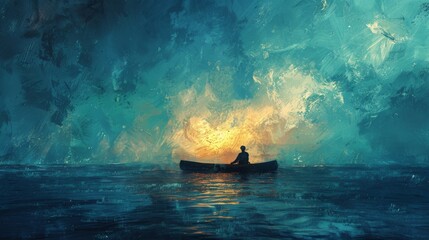 Abstract artwork portraying a man adrift on a canoe in the open sea, evoking feelings of isolation and introspective contemplation. - obrazy, fototapety, plakaty