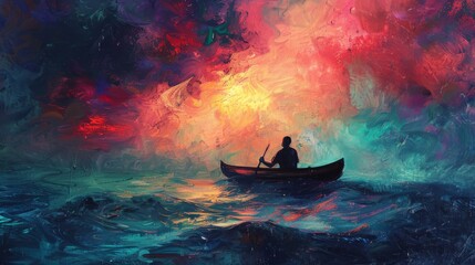 Abstract artwork portraying a man adrift on a canoe in the open sea, evoking feelings of isolation and introspective contemplation. - obrazy, fototapety, plakaty