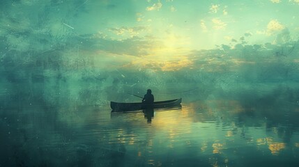 Surreal illustration of a man paddling on a canoe, surrounded by the tranquil expanse of the sea, reflecting on the theme of solitude and inner contemplation. - obrazy, fototapety, plakaty