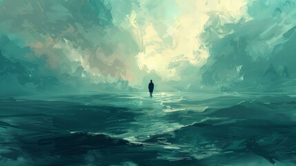 Surreal illustration of a lone figure navigating the vast expanse of the sea, capturing the essence of solitude and introspection. - obrazy, fototapety, plakaty
