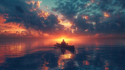 Surreal depiction of a man paddling on a canoe, adrift in the vastness of the sea, exploring themes of solitude and introspective contemplation. - obrazy, fototapety, plakaty