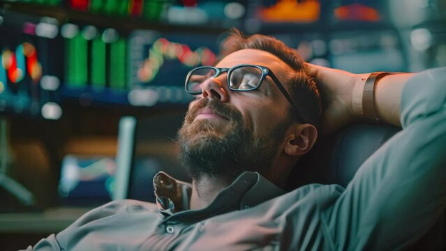 Businessman relaxing in office with stock market graphs in background. Financial contemplation and strategy planning concept