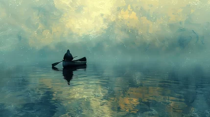 Foto op Canvas Conceptual artwork portraying a man adrift on a canoe in the middle of the sea, exploring the themes of solitude and inner reflection. © taelefoto