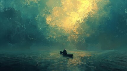 Conceptual artwork portraying a man adrift on a canoe in the middle of the sea, exploring the themes of solitude and inner reflection. - obrazy, fototapety, plakaty