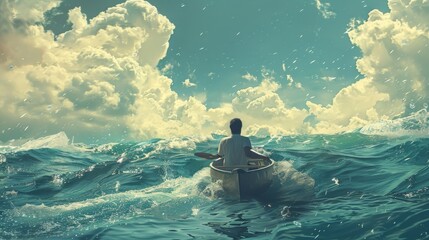 Conceptual artwork portraying a man lost at sea, paddling on a canoe, symbolizing the journey of solitude and self-discovery. - obrazy, fototapety, plakaty