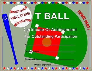 Certificate of achievement in children’s T-Ball, player diploma vector template with baseball bat and baseball field. Sports team award diploma for participation. Replaceable text.