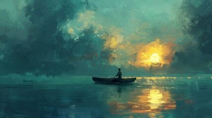 Artwork portraying a solitary figure on a canoe drifting in the open sea, representing the concept of solitude and self-discovery amidst nature's vastness. - obrazy, fototapety, plakaty